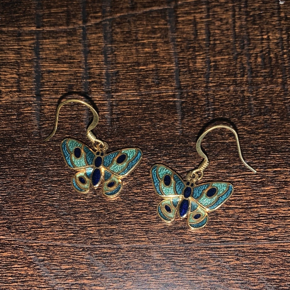 Gold-Tone Butterfly Drop Earrings in Teal and Blue